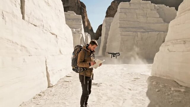 Adventurous traveler navigating through a majestic canyon with a map while a drone flies overhead, capturing the landscape