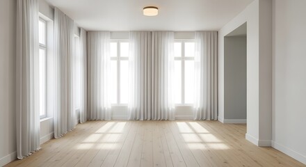 Fototapeta premium Empty white room with a hight window, wooden floor and clean white walls