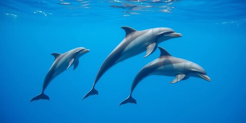 Fototapeta premium Three bottlenose dolphins swimming gracefully in ocean, group, water