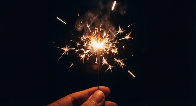 Close up hand holding burning sparkler firework with bright gold sparks isolated on black background at night - Powered by Adobe
