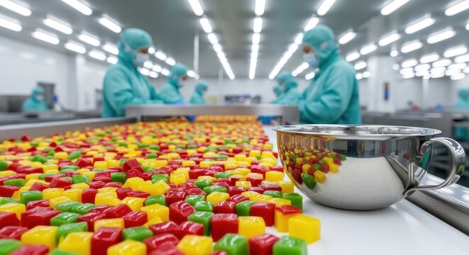 Candy factory workers packaging colorful gummy food products