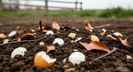 Obraz premium Eggshells composting in fertile soil with dried leaves outdoors