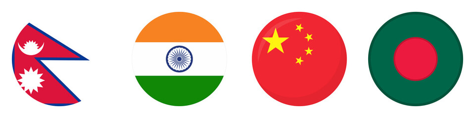 Circular Flag Icons of Nepal, India, China, and Bangladesh on Transparent Background for International Relations and Travel