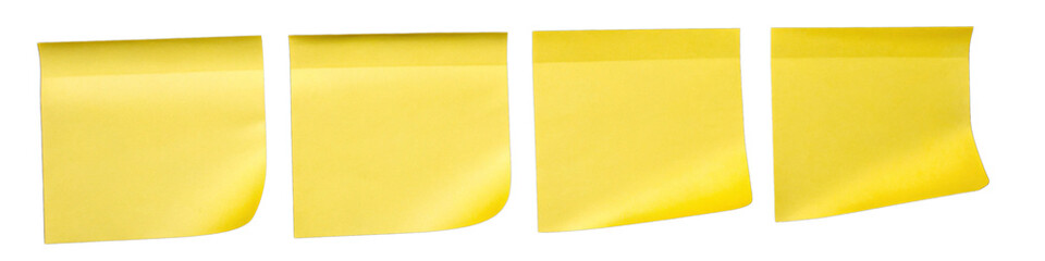 Four yellow sticky notes with empty space on the white background. Suitable for a minimalist theme or for design-related content.  , transparent background