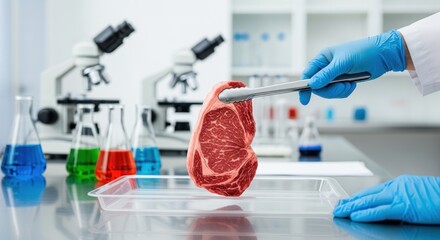 Gloved hand holding meat sample in a laboratory setting