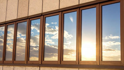 Building Windows Reflecting Sunset Sky with Clouds and Sun Keywords: building, windows