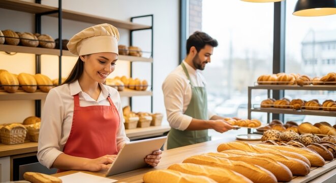 Happy baker with tablet and male assistant serving fresh baked bread - Powered by Adobe