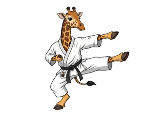 Fototapeta premium A giraffe wearing a karate uniform, demonstrating a high kick pose.
