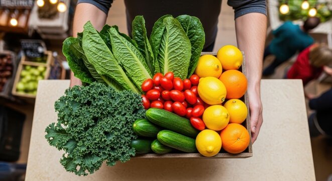 Person Holding a Wooden Box Full of Fresh Vegetables and Fruits