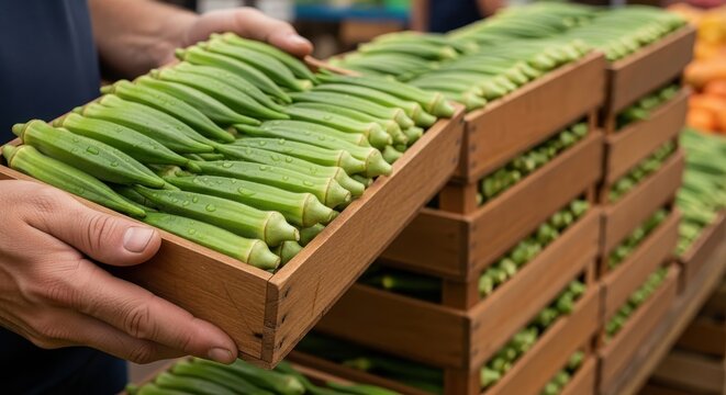 Person holding wooden crate with fresh green okra harvest