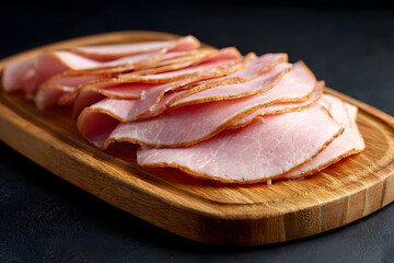 Sliced ​​ham on a wooden board on a black background