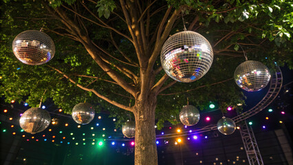 Christmas party under tree with scary weird dark disco balls and colorful lights creating festive and mysterious atmosphere