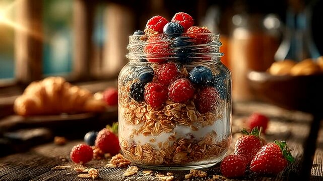 Delicious parfait with berries and granola in jar