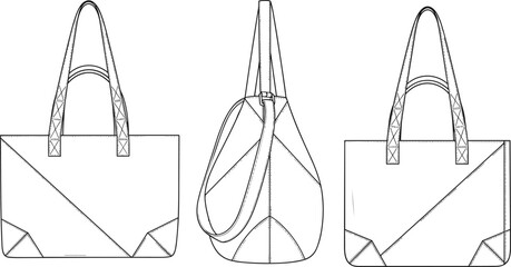 Handbag technical sketch, front side back view, zipper detail, panel seams, fashion accessory, cad drawing flat vector illustration