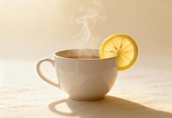 Hot cup of lemon tea steaming on a light background for winter  