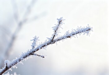 Obraz premium Frost-covered branch with delicate ice crystals in winter landscape 