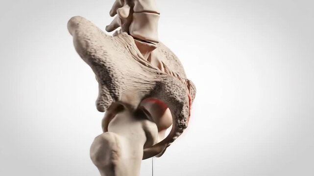 Anatomical rendering of human pelvis and femur, highlighting gluteal tuberosity and gluteus muscle area