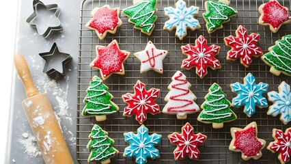 Get festive baking Christmas cookies shaped like trees, stars, and snowflakes with colorful icing and sprinkles for holiday cheer and joyful celebrations