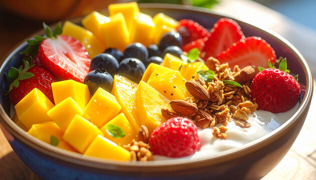 Close-up of Yogurt Bowl with Mango, Strawberries, Blueberries, and Granola fruit strawberry