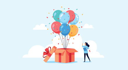 A person celebrating a special occasion with colorful balloons and confetti emerging from a surprise gift box.