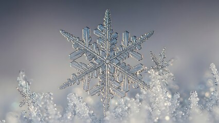Stunning macro view of intricate snowflake crystals glistening in winter light, perfect for holiday designs and seasonal promotions, capturing winter's magic