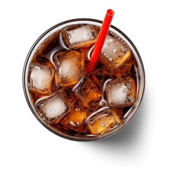 A glass of cola with ice cubes and a red straw on a transparent background