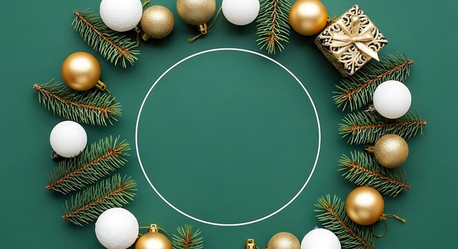 A top-down flat lay photograph of Christmas decorations arranged in a neat circular frame around the edges of a dark green background