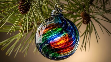 Vibrant glass Christmas ornament hanging on evergreen branch with pine cones, a stunning holiday decoration for festive celebrations and winter cheer