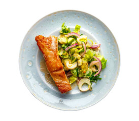 pan seared grouper fish steak with veg salad 