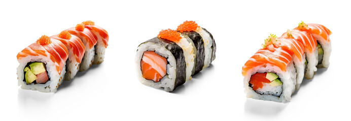 Three sushi rolls with salmon, avocado, and tobiko caviar on a transparent background