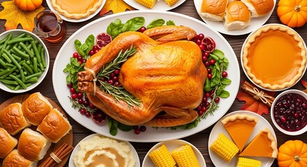 A Thanksgiving turkey dinner tabletop captured from a top view, featuring a golden roasted turkey placed at the center on a large white platter garnished with fresh herbs and cranberries