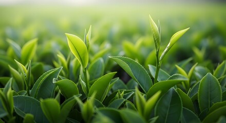 Obraz premium Lush green tea leaves sprouting in a vibrant tea plantation field