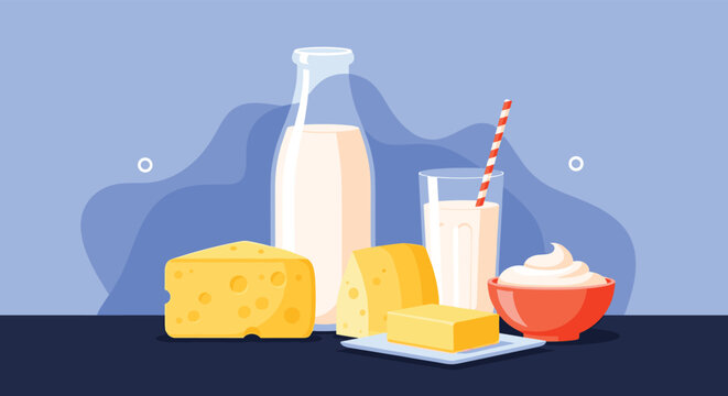 A vibrant illustration showcasing a delicious assortment of fresh dairy products like milk, cheese, butter, and cream.