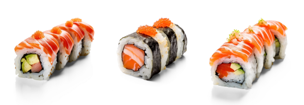 Three sushi rolls with salmon, avocado, and tobiko caviar on a transparent background