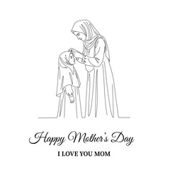 Mother's Day - Elegant continuous line drawing showing a Muslim mother gently adjusting her daughter's headscarf (hijab). Captures care, tradition, Islamic family, and maternal love. 