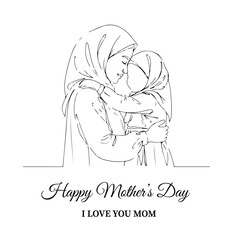 Mother's Day - Continuous line illustration of a Muslim mother and daughter with foreheads touching. Represents deep connection, serenity, spiritual bond, and quiet love.