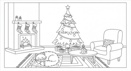 Fototapeta premium Monochrome Line Art Coloring Book Illustration of a Warm and Cozy Christmas Living Space