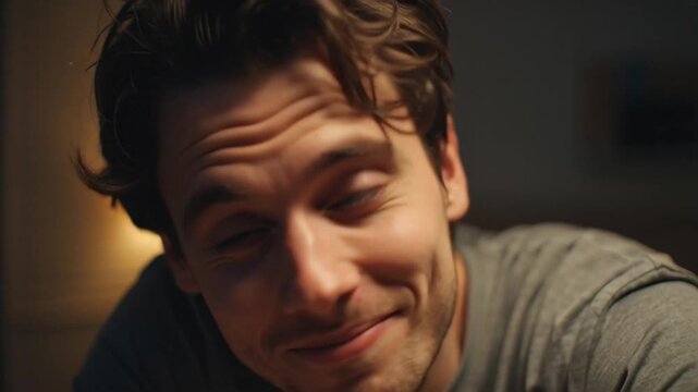 Close-up shot of a man smiling, with a soft blur in the background, perfect for lifestyle and relatable content, emphasizing joy and connection in video footage (70)