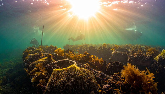 Divers explore underwater kelp farm with sunbeams piercing the ocean surface seaweed