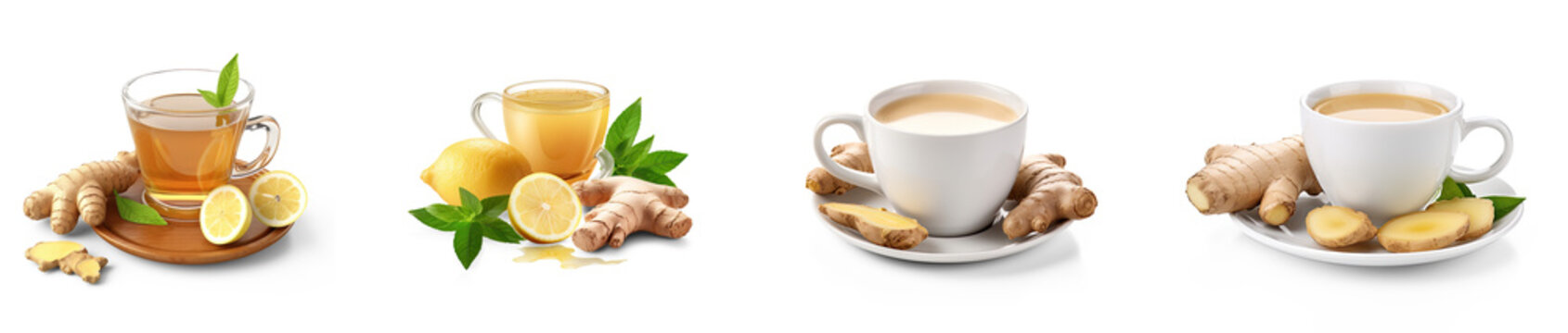 Ginger tea with lemon and ginger root on a transparent background