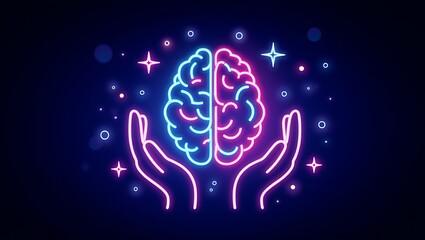 Neon Brain Illustration Representing Thought Process and Mental Wellbeing with Hands