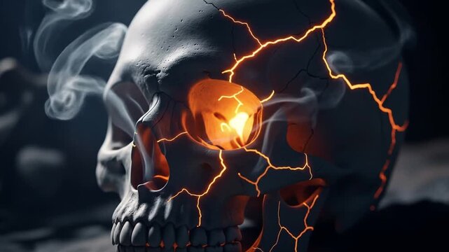 Smoking Skull with Glowing Eye and Cracks: A Dark and Mysterious Image.