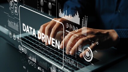 Hands Typing on Laptop Keyboard with Data Driven Graphics and Statistical Elements for Technology and Business Concepts. Asymptotic smart data analytic.