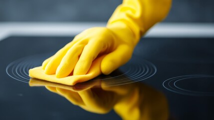 Person’s hand, wiping kitchen surface, cleaning actions, Professional Household Cleaning: Gloved Hand Removing Stains from Glass Stove Surface. Copy Space for Text.