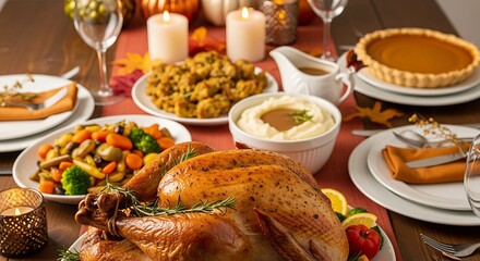 A cozy Thanksgiving dinner table scene shot from a 45-degree angle, showcasing a beautifully roasted turkey in the foreground with crispy golden skin and herb garnish.