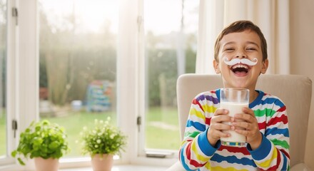 A boy with a fake mustache laughs while holding a glass of milk near a window with plants on the sill