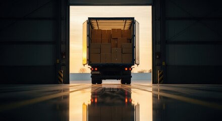 A truck loaded with boxes backing into a warehouse with an open door during golden hour light