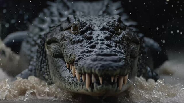 Close up of a menacing crocodile emerging from murky water with sharp teeth bared, captured in this captivating video footage