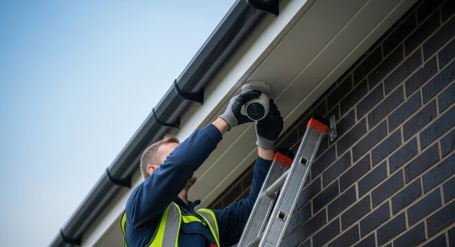 Man installing a security camera on a building exterior using a ladder under a clear blue sky day light