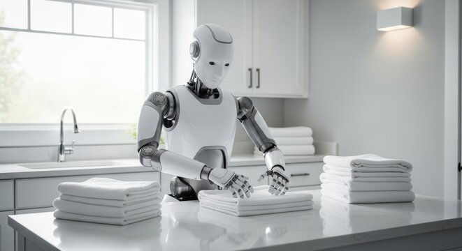 A humanoid robot folding white towels in a bright modern laundry room with a window and cabinets